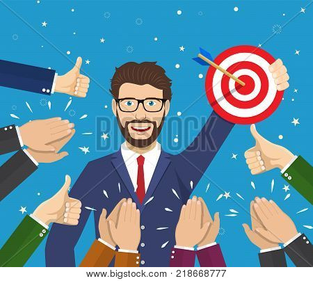 Businessman holding up a winning target. Human hands clapping. Applaud hands and hold thumbs up. Vector illustration in flat style