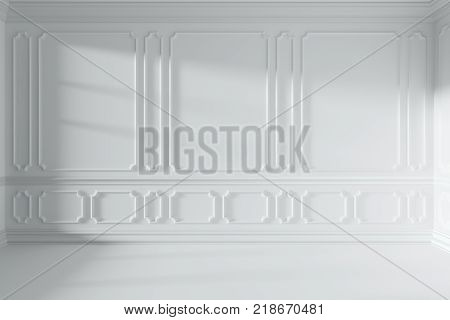 Wall in white empty room interior with sunlight from window with white decorative classic style molding frames on walls with flat ceiling floor and baseboard 3d illustration