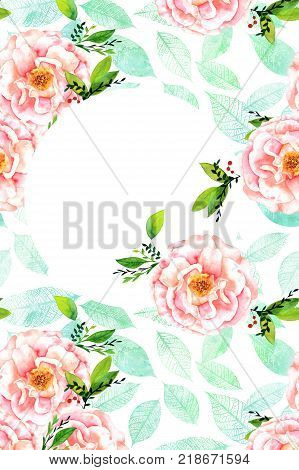 A wedding invitation or greeting card design template with drawings of pastel pink watercolor roses, teal leaves, and a place for text, vertical format