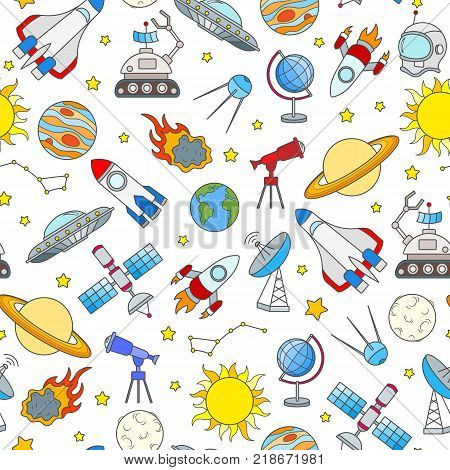 Seamless pattern on the theme of space and space travel color icons on white background