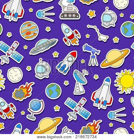 Seamless pattern on the theme of space and space travel color sticker icons on blue background
