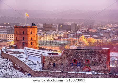Vilnius, Lithuania: Upper or Gediminas Castle at sunset of winter