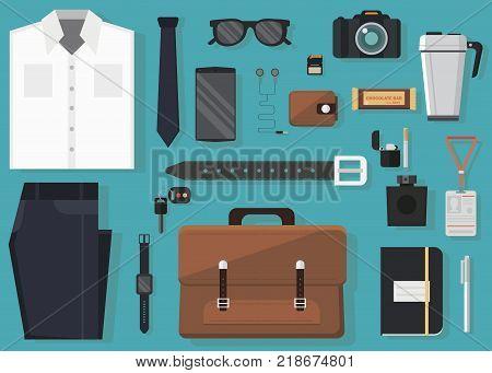 Vector illustration of every day carry and outfit accessories in flat style. Stylish business man design.