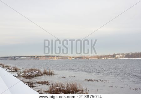 View of the Dnieper in winter. Kiev, Ukraine. Paton bridge