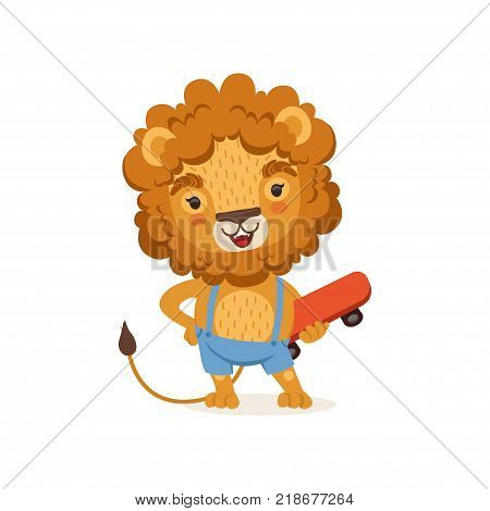 Cut kid lion cartoon character wearing shorts on suspenders and holding skateboard. Playful baby animal with lush mane. Colorful children print. Flat design vector illustration isolated on white.