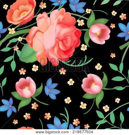 Shabby chic vintage roses, tulips and forget-me-nots vintage seamless pattern, classic chintz floral repeat background for web and print. Vector illustration