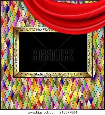 many colored romb background and abstract stylized empty frame wity red drape