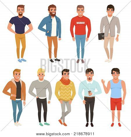 Collection of handsome men in stylish clothing. Casual wear. Male characters posing with smiling face expressions. Cartoon illustration isolated on white background. Colorful flat vector design.