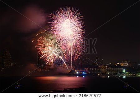 Fireworks over the city of Pattaya city,Thailand.tourist city,famous place in Thailand.