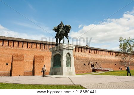 Kolomna Russia - May 22 2017: Monument To Dmitry Donskoy Near Marinkina Tower Of Kremlin In Sunny Spring Day In Kolomna Moscow Region.