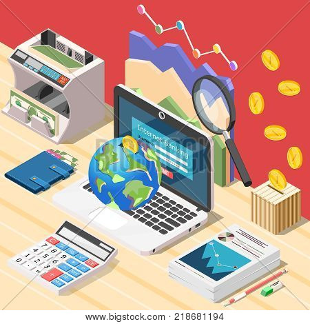 Isometric accounting background composition with workplace of accountant digital calculator laptop and conceptual financial infographic icons vector illustration