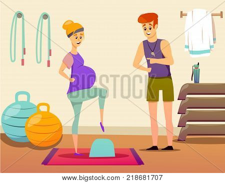 Composition with pregnant woman during exercise on step platform with personal sport instructor in gym vector illustration