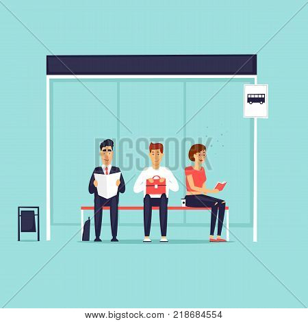 People sitting at the bus stop. Flat design vector illustration.