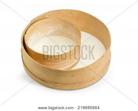 Two old round sieves different sizes with wooden frames and plastic mesh on a white background