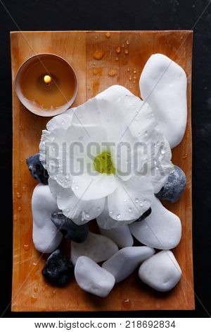 A wooden rectangular board has a bud of white beautiful flower, multiform pebbles, burning aroma candles for spa treatments. Close-up. View from above.