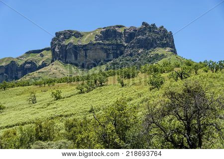 Big rock along the path to Thukela waterfall in Royal Natal Park Drakensberg mountain, South Africa