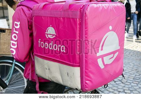 Foodora Courier With Backpack In Amsterdam
