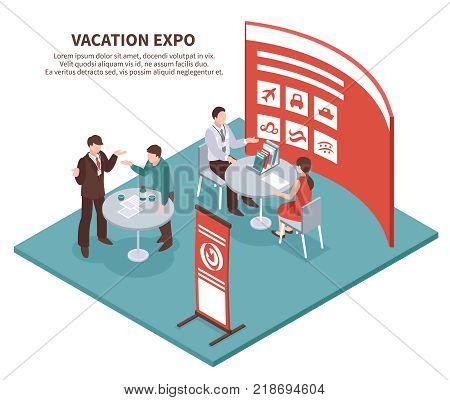 Isometric expo stand exhibition conceptual composition with editable description and images of exhibit booth for tour operator vector illustration