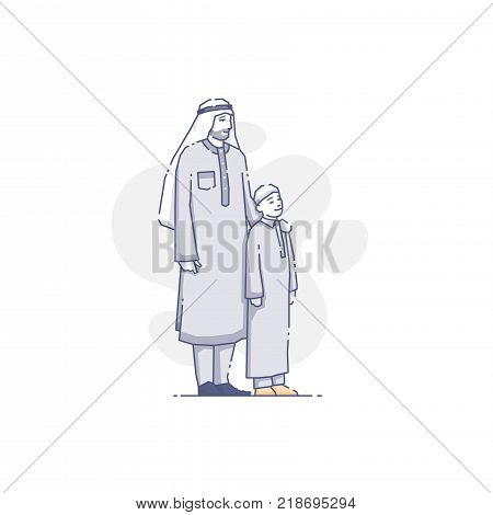 Vector illustration of middle eastern father and son standing together.