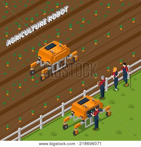 Isometric composition with remote agricultural robot during weeding, farming workers with control panel vector illustration