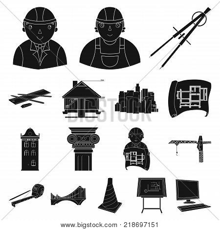 Architecture and construction black icons in set collection for design. Architect and equipment vector symbol stock  illustration.