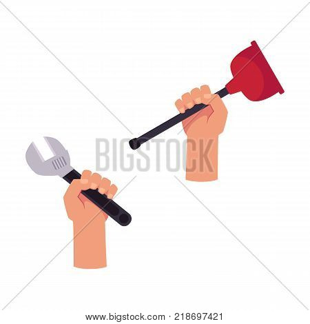 vector flat man handyman muscular hand holding monkey plumbing or mechanic adjustable wrench or spanner, plunger set. Isolated illustration on a white background.