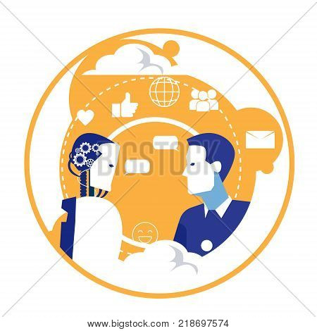 Human Business Man And Robot Concept Of Robotsc Technology Automation Artficial Intelligence Vector Illustration