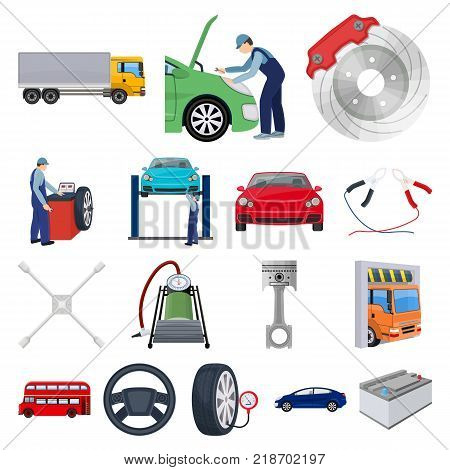 Car, lift, pump and other equipment cartoon icons in set collection for design. Car maintenance station vector symbol stock illustration .