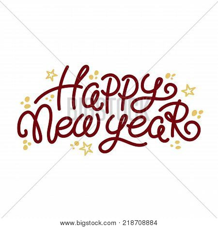 Happy New Year text, hand written monoline lettering, typographic element for greeting cards, banners, isolated vector illustration on white background. Happy New Year greeting text and doodle stars
