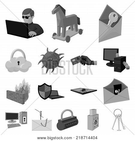Hacker and hacking monochrome icons in set collection for design. Hacker and equipment vector symbol stock  illustration.