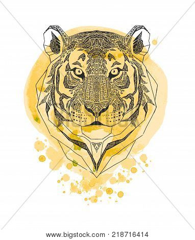 Tiger head isolated on yellow watercolor paint splash background. Wild Animal stylized portrait. Zentangle inspired tribal style. T-shirt print. Art vector illustration