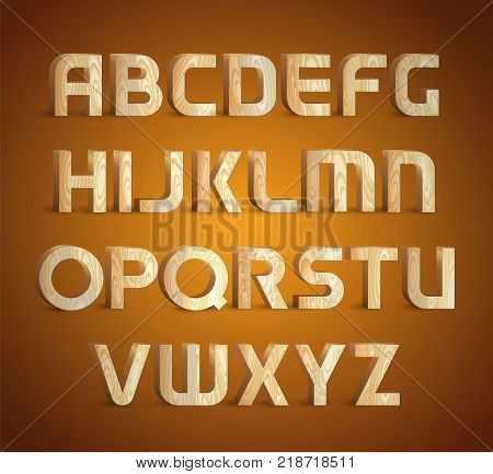 Isolated geometric wood texture font. 3d wooden material type alphabet symbols. Vector illustrations
