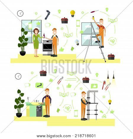 Vector illustration of electrician, gasman and plumbers fixing electrical, plumbing or gas appliances problems. Professional workers symbols, icons isolated on white background. Flat style design.