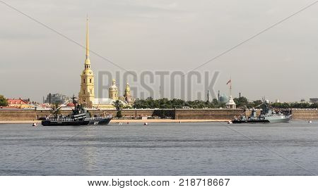 St. Petersburg, Russia - 28 July, Ships in the roadstead near the fortress, 28 July, 2017.
Festive parade of warships on the Neva River in St. Petersburg.