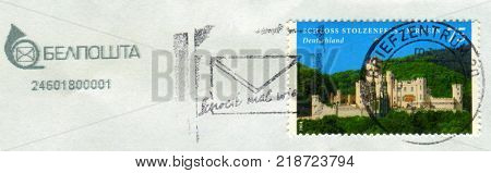GOMEL, BELARUS, 15 DECEMBER 2017, Stamp printed in Germany shows image of the Stolzenfels Castle is a former, medieval fortress castle  turned into a palace, circa 2014. 