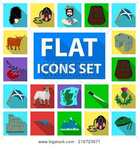 Country Scotland flat icons in set collection for design. Sightseeing, culture and tradition vector symbol stock  illustration.
