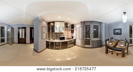 GRODNO BELARUS - JANUARY 19 2012: Full 360 panorama in equirectangular spherical equidistant projection in interier modern loft kitchen room witn grey brown style color
