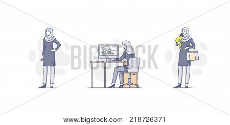 Set of Arabian woman holding waist, sitting at computer and walking with child in vector.