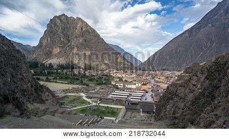 Ollantaytambo Peru - September 2017: Aerial view of ancient Inca city Ollantaytambo. Peru South America