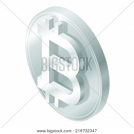 Bitcoin coin mark in isometric perspective. Modern symbol, cryptocurrency in minimalist stylization. Graphic icon of virtual digital currency, internet investing. Cloud mining brand, electronic money.