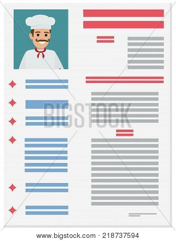 Small square portrait of experienced Italian chef in white uniform with mustaches on detailed resume vector illustration.