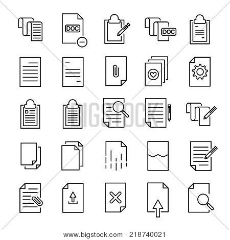 Set of 25 document thin line icons. High quality pictograms of file. Modern outline style icons collection. Data, bureaucracy, paper, business, etc.