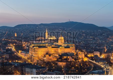 Historic Royal Palace - Buda Castle on night in light in Budapest Hungary