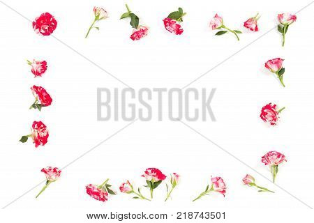 Flowers composition. Frame border made of fresh rose and dried flowers. Flat lay, top view