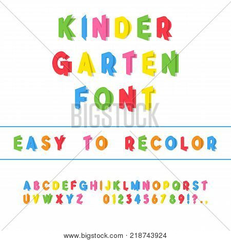 Kindergarten Font. Folded Paper Cut Sans Serif Typeface. Letters, Numbers, Punctuation Marks. Kids Latin Alphabet. Vector