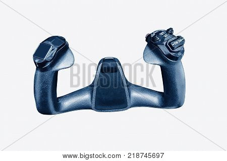 Inside the cockpit of the snall airplane. The steering wheel of the aircraft. Close up steering wheel on white background