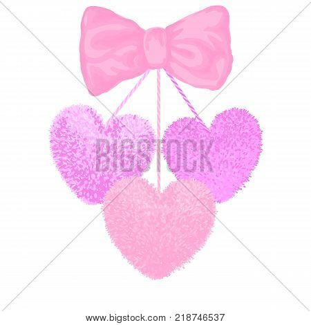 Vector colorful illustration of decortive elements with pink pom-poms in the shape of a heart hanging on the ropes with bow isolated on white background. Decor for Valentines day design.
