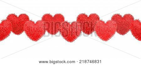 Vector colorful illustration of decortive elements with red colored pompoms in shape of heart garland isolated on white background. Decor for Valentines day or baby shower design. Seamless pattern