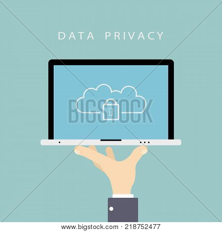 Data privacy concept. Hand holding laptop with cloud and lock.