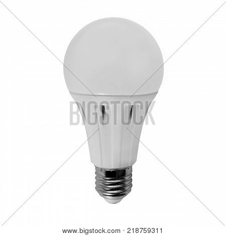 LED lamp. Glass of white color. The case is white matte plastic. Plinth with thread shiny. Progressive lighting. Energy saving. Resource conservation.